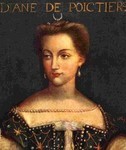 Painting of Diane de Poitiers, duchesse de Valentinois, bust-length, head turned slightly to the left, wearing a dress decorated with pearls and pearl earrings; on a dark background; above is her name is gold.