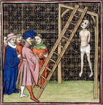 Enguerrand de Margny, clad only in his breeches, dangles from a wooden scaffold, against which there leans a tall ladder. On the left, a group of five men in vividly colored religious and secular garb converse.