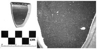 Fig. 59. On the left is the interior view of a fragment of black-gloss bowl. On the right is a view at 20x magnification showing a linear scratch in the slip.