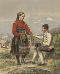 A woman in a red blouse and black dirndl skirt stands before a man who is seated on a rock. He wears short pants, an embroidered white jacket, and embroidered white socks.