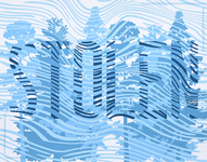 Artwork depicting the word “Stolen” in dark blue across a background of illustrated trees in different shades of blue. Thin light blue waves float across the artwork.