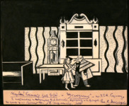 Ink drawing of Marie and Godfather Drosselmeier talking with the grandfather clock behind them in Sokolov’s puppet production of The Nutcracker.