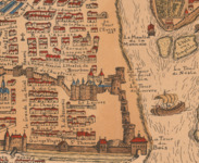 Section of a map of Paris. Houses, the Louvre, and part of the wall surrounding the city are illustrated in red, brown, and blue. Streets and notable buildings are labeled.