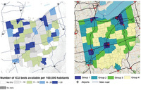 Two maps of Ohio. One shows the county-level distribution of intensive care unit (ICU) beds, major roads, and airport locations. Another shows the county distribution of different spatial risk groups including presence or proximity to airports and main highways