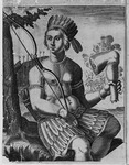 An allegorical image of America (1659). A drawing printed on paper with black ink depicts a fair-­skinned woman. She is wearing a feathered skirt, bands across both biceps, pearl bracelets on both wrists, a pearl necklace, tear-­drop earrings, and a feathered headdress. Crossing diagonally over her bare chest is a strap for a quiver, visible on her right side. Her right hand, resting on her inner right thigh, holds a bow, while her left hand holds a severed human leg. Her gaze, simple and relatively expressionless, is directed to the left of the picture. She sits on a root at the base of a tree. Behind her right shoulder, seven severed human heads on stakes are visible. In the background, several semi-­naked people are depicted cheering around a billowing fire on which a human body is being cooked.
