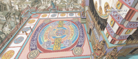 A cartoon scene of a rooftop in the city, colorfully decorated with calligraphy and religious symbols and art.