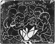 Woodcut print featuring six children standing around a dove. Above them, lettering reads “and on earth peace.” Below the dove, a signature reads “The Yellins.”