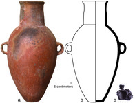 A photo of a Camacho reddish brown amphora is on the left. A cross section drawing of the same amphora is on the right. A small photo of a desiccated clumb of coca leaves is even further right.
