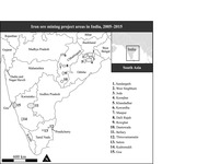 Black and white map showing an outline of India divided into labeled states. There are varying size outlines of the mining and project areas.