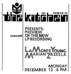 A square, stylized, graphic concert announcement for a concert by La Monte Young and Marian Zazeela on Monday, 13 December 1971. The title of the concert is “The Kitchen Presents: Preview of the New LP Recording.”