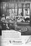 Black-­and-­white advertisement for window glass. In the foreground, a woman sits in a chair with a dog lying at her feet on a rug. Both look out at a large picture window at a snowy landscape. Outside the window, a man holding skis walks toward the house. Below the image, a block of text describes the details of Thermopane glass.
