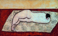 Painting of a nude woman model in rear view, resting on a decorated tapestry on her side with one eye peeking through the crook of her arm.