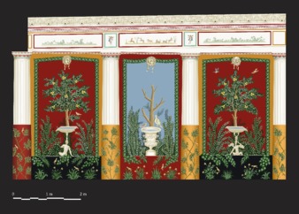 View PDF (53.7 MB), titled "Fig. 8.16. Viridario 20, ricostruzione delle pitture della parete ovest. Disegno: P. Baronio."