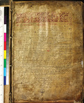 A tan parchment with Greek lettering in black, with a color bar at the left side. The page has a prominent ornamentation across the top.