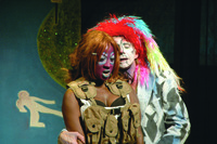 Performers Daphne and Jack Wetherall in commedia dell’arte–­style makeup and costumes during a performance of Walk Across America for Mother Earth in New York City.