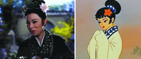 Left: A color film still of a woman smiling in a medium close-up shot. Her long black hair is pulled up in a bun and is decorated with a pink flower. She is wearing a dark robe with decorated collars. Right: A still from an animated film with a woman in a medium close-up shot. She is wearing a white robe with a blue-and-white-patterned collar. Her black long hair is pulled up in a bun and is decorated with a flower. Her hands, both covered in his long sleeves, are brought together in a greeting gesture.