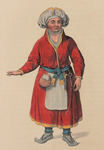 A portrait of a Sámi Indigenous woman in traditional dress, wearing a red coat and blue-striped apron, blue belt, grey moccasins, grey hat, and silver earrings and necklaces.