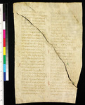 A tan parchment with Greek lettering in red, with a color bar at the left side. The parchment is torn diagonally, between the top left corner and the bottom right corner.