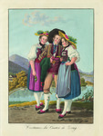 A full-length portrait of a young man and two young women who link arms next to a lake. They are all dressed in colorful clothes. The young man wears a quaint short jacket, short breeches, and embroidered hose. The young women wear purple dirndls, including aprons, embroidered bodices, and straw hats covered in flowers.