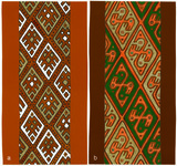 On the left, an illustration of a double-sided loom backstrap with a fish motif in light brown, dark brown, black, and white. On the right, an illustration of a tapestry with a bird motif in orange, green, and light brown.