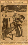 A black and white photograph from a newspaper article shows two teenage boys posing with oars and packs of gear in front of a canoe. Text above the photograph reads "End Long Canoe Journey" and the caption below says, "Arnold Sevareid (left) and Walter Port, Minneapolis high school boys, as they appeared at the start of their long canoe journey to Hudson's Bay. Photo was taken in Minneapolis just before they 'pushed off.'"