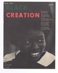 Photo of a magazine cover entitled “Black Creation April 1970,” title in green and red colors, featuring a black and white image of a woman who looks to the right and is smiling.