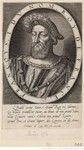 Engraving of King François I, bust-length, with a beard and moustache, wearing a feathered hat and a collar of seashells, surrounded by an oval border bearing his name and title; below is a verse celebrating the king's renown and his support for literary and military endeavors.