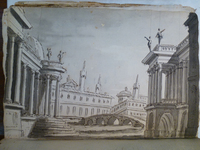 This wash drawing for Kemble’s 1789 Coriolanus has classical structures on both sides flanking a central square with a bridge. A rounded building that invokes the Temple of Vesta is incorporated on the left.