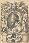 Engraving of Henri II, King of France, bust-length, in profile to the left, wearing armor, a collar, and a laurel wreath around his head; in an oval border stating his name and title in Latin; a figure standing on a pedestal on each side; above, two winged figures display the royal coat of arms.