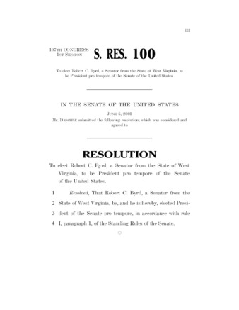 View PDF (67.5 KB), titled "S. Res. 100 – Appointing Byrd Pro Tem (June)"