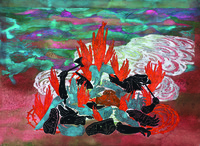 Flames of elongated orange hands rising from pile of disembodied arms and hands, spirals of gray smoke, backed by a line of blue waves. Print (color) and fulcrum (color).