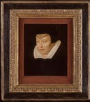 Painting of Catherine de' Medici, Queen of France, bust-length, turned slightly to the left, wearing a black mourning dress with a white split collar and a black hood with triangular veil, in a gilded rectangular frame.
