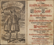 The drawing on the left half is of a wword-carrying man wearing a belted tunic and fur jacket, holding a staff. A banner above his head reads “Was nicht gewesen ist, das kann auch nicht sein.” On the right half is the title page in red and black lettering.