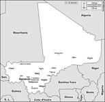 Map of Mali showing the location of towns throughout the country.