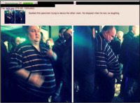 Screenshot from 4chan forum with two photos of a man. He is dancing in the first one and looking dejected in the second. Post text above reads, “Spotted this specimen trying to dance the other week. He stopped when he saw us laughing.”