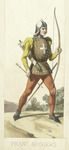 With a sword in its scabbard on his left and a quiver of arrows hanging over his right shoulder, a Free Archer prepares to shoot an arrow from a long, narrow bow. He wears red tights, a yellow gambeson, a helmet, and a surcoat emblazoned with a cross.