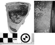 Fig. 52. On the right is a relatively complete black-gloss bowl heavily abraded on its interior central base and in a ring along its walls. On the left is a 20x magnified view of this abrasion.