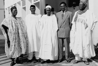From left to right, Awolowo, Azikiwe, Balewa, Endeley, and Bello stand to pose for a photograph.
