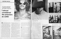 A double-­page magazine spread, with the headline “I Almost Considered the Prisoners as Cattle” to the left. The article’s text is accompanied by six black-­and-­white photographs showing scenes from the Stanford Prison Experiment.