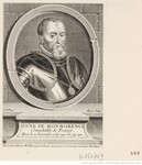 Engraving of Anne de Montmorency, bust-length, turned slightly to the right, with a beard, wearing armor and a medallion; encircled in an oval border; below identifies his name, title, and date of death.