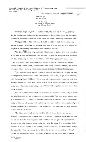 Thumbnail of "Scott, Address at meeting in honor of Fast and Scott, September 13, 1950"