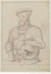 Drawing in black chalk of Anne de Montmorency, half-length, with a beard, wearing armor and a hat, his left arm resting on a helmet.