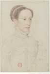 Drawing in red and black chalk of a young Marie Stuart, bust-length, turned slightly to the right, with curly brown hair worn up in a braid around her head; wearing a gown that appears to be adorned with pearls, as well as pearl earrings.