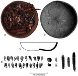 Four views of a gourd and its contents. A photo of the gourd filled with food from an overhead angle. A black-and-white photo of the empty gourd. A cross-section drawing of the empty gourd. A photo of the contents: more than 20 dried anchovetas, two lúcuma seeds, two tiny molluscs, and three maize cobs.
