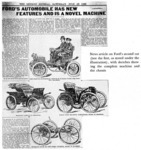 News article on Ford's second car (not the first, as stated under the illustration), with sketches showing the complete machine and the chassis