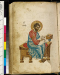 A tan parchment displays an illustration of the evangelist Mark.