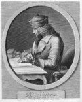 Voltaire. Voltaire's image as an autonomous writer, nearly unique in the eighteenth century, is evident in a 1765 portrait drawing of him at work at his desk, at his estate of Ferney. It was reproduced in numerous engravings at the end and after his life — as in this engraving by G. W. Weise, from 1779, which appears from the BN-Éstampes (Collection Henin, 9655).