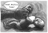 Black, gray, and white illustration. Two large and hair-covered arms pull the arms of a baby who lays on an ambiguous surface. The baby’s back arches and her head hangs back. Her mouth is open, her eyes are closed, and she appears to be mildly distressed. The bubble, proceeding from a voice off panel, reads “Poor muscle tone!”