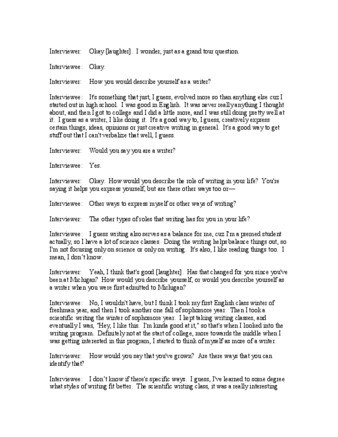 Transcript for audio clip from entry interview with writing minor Jonah, as discussed in chapter 4.
