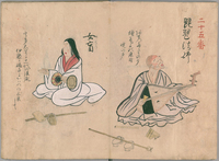 Facing book pages depict a blind female musician on the left, sitting and dressed in a robe and playing a drum. The blind male musician on the right, also sitting and dressed in a robe, is playing a Japanese lute called the biwa.